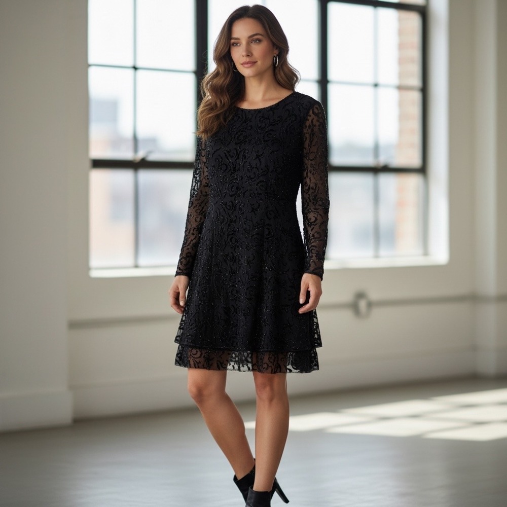 Storybook Heirlooms Black Lace Velvet Glitter Cocktail Dress Long Sleeve Size 10